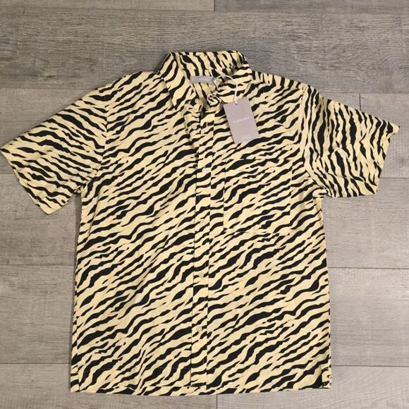 EVERLANE The Poplin Short-Sleeve Shirt Pale Yellow Tiger Stripe NWT - Picture 2 of 8